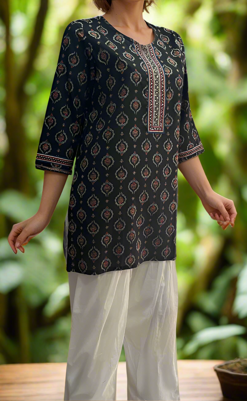 Black Garden Jaipuri Cotton Short Kurti. Pure Versatile Cotton. | Laces and Frills - Laces and Frills