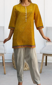 Yellow Bandini Jaipuri Cotton Short Kurti. Pure Versatile Cotton. | Laces and Frills - Laces and Frills
