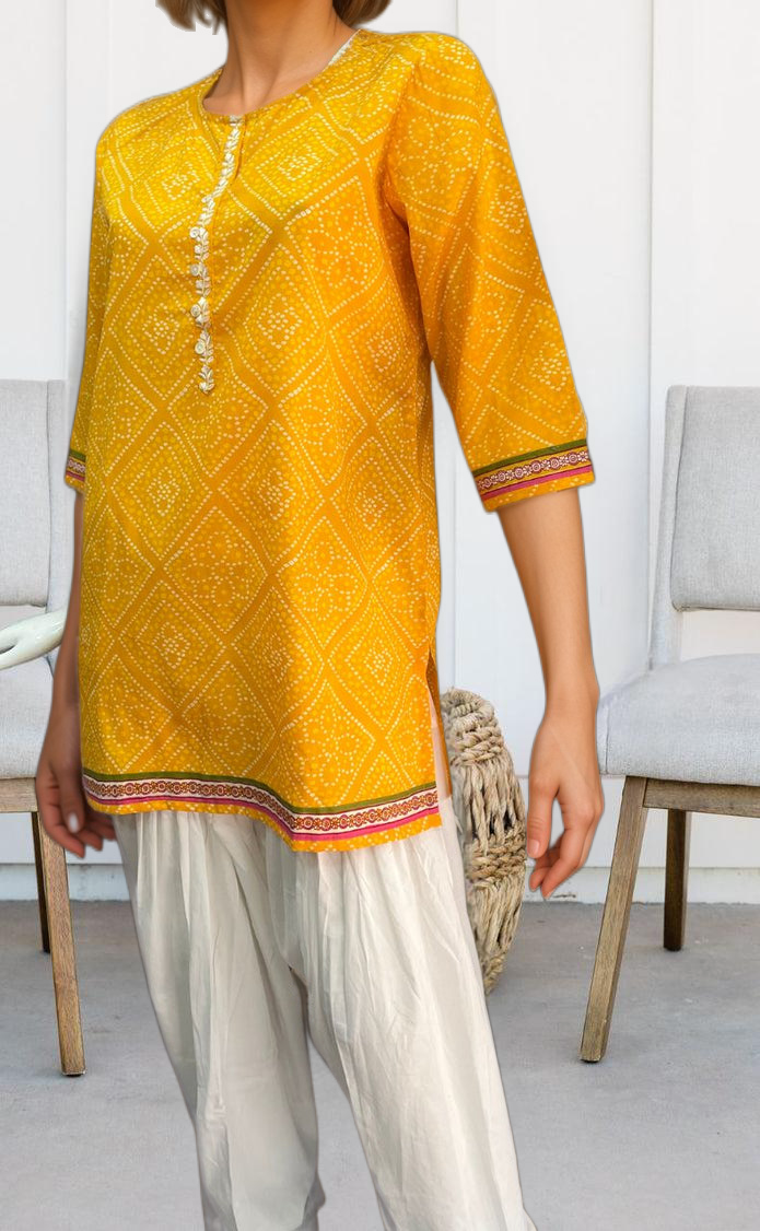 Yellow Bandini Jaipuri Cotton Short Kurti. Pure Versatile Cotton. | Laces and Frills - Laces and Frills