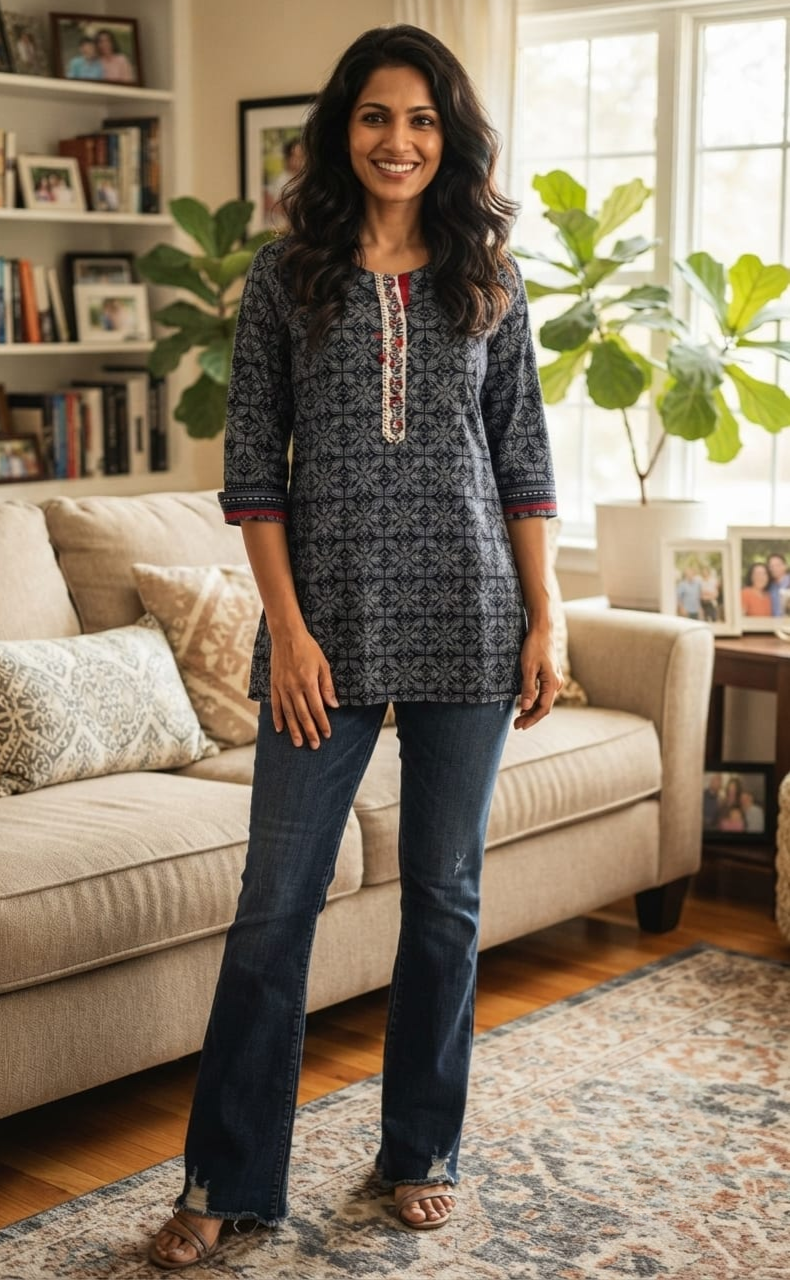 Navy Blue Floral Jaipuri Cotton Short Kurti. Pure Versatile Cotton. | Laces and Frills