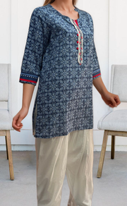 Navy Blue Floral Jaipuri Cotton Short Kurti. Pure Versatile Cotton. | Laces and Frills - Laces and Frills