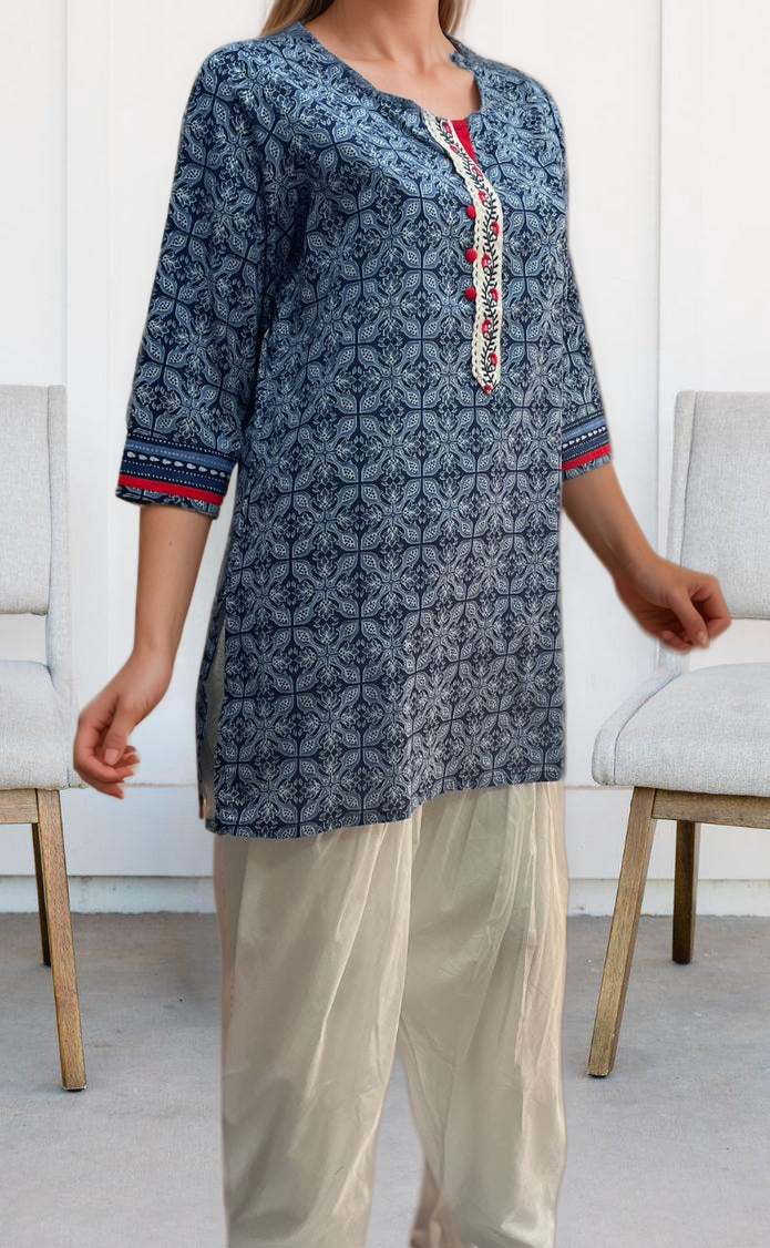 Navy Blue Floral Jaipuri Cotton Short Kurti. Pure Versatile Cotton. | Laces and Frills - Laces and Frills