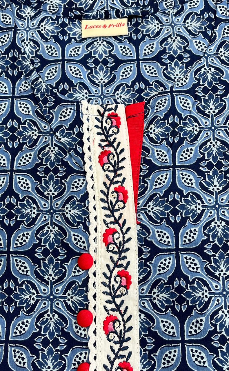 Navy Blue Floral Jaipuri Cotton Short Kurti. Pure Versatile Cotton. | Laces and Frills - Laces and Frills