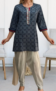 Navy Blue Floral Jaipuri Cotton Short Kurti. Pure Versatile Cotton. | Laces and Frills - Laces and Frills