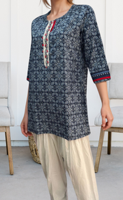 Navy Blue Floral Jaipuri Cotton Short Kurti. Pure Versatile Cotton. | Laces and Frills - Laces and Frills