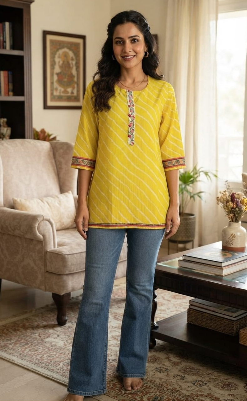 Yellow Stripes Jaipuri Cotton Short Kurti. Pure Versatile Cotton. | Laces and Frills