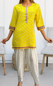 Yellow Stripes Jaipuri Cotton Short Kurti. Pure Versatile Cotton. | Laces and Frills - Laces and Frills