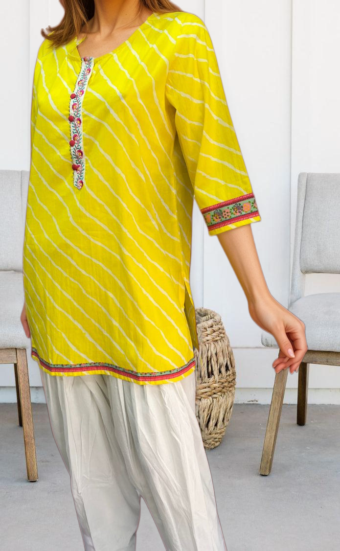 Yellow Stripes Jaipuri Cotton Short Kurti. Pure Versatile Cotton. | Laces and Frills - Laces and Frills