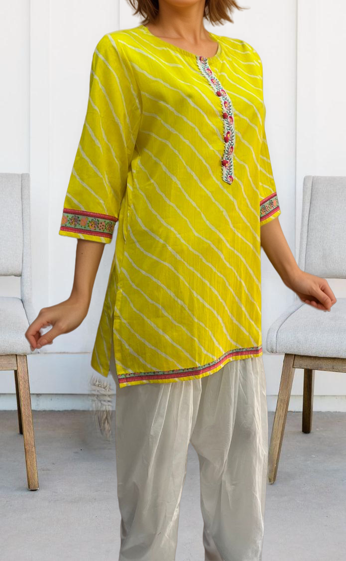 Yellow Stripes Jaipuri Cotton Short Kurti. Pure Versatile Cotton. | Laces and Frills - Laces and Frills