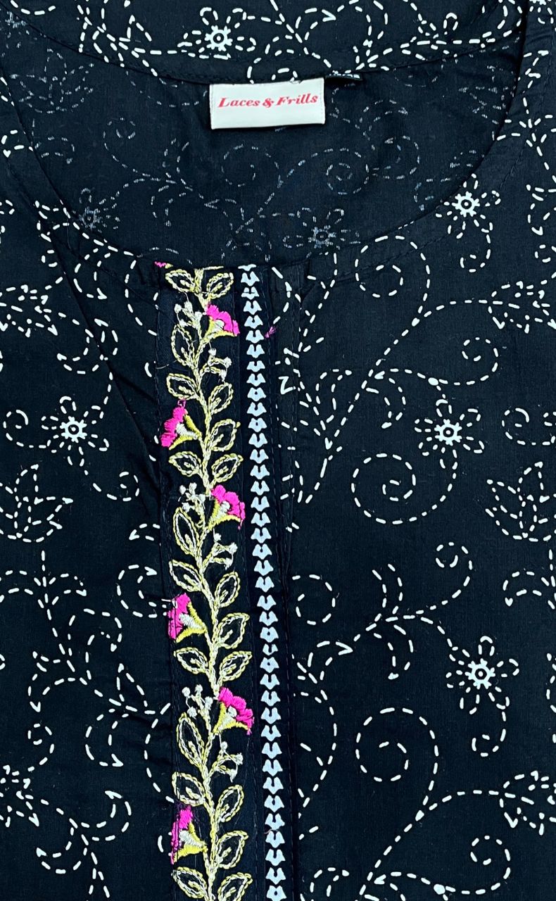 Black Garden Jaipuri Cotton Short Kurti. Pure Versatile Cotton. | Laces and Frills - Laces and Frills