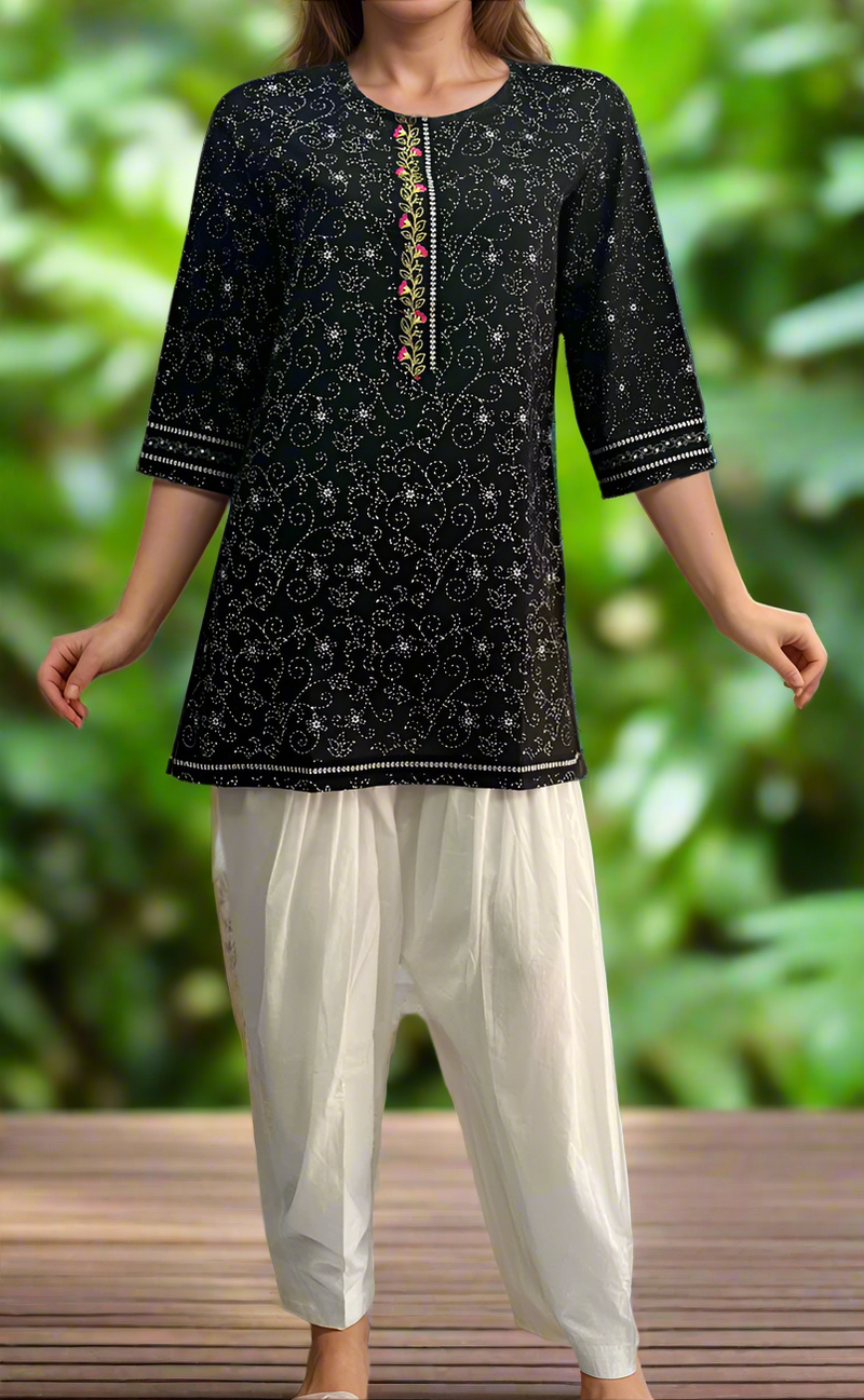 Black Garden Jaipuri Cotton Short Kurti. Pure Versatile Cotton. | Laces and Frills - Laces and Frills