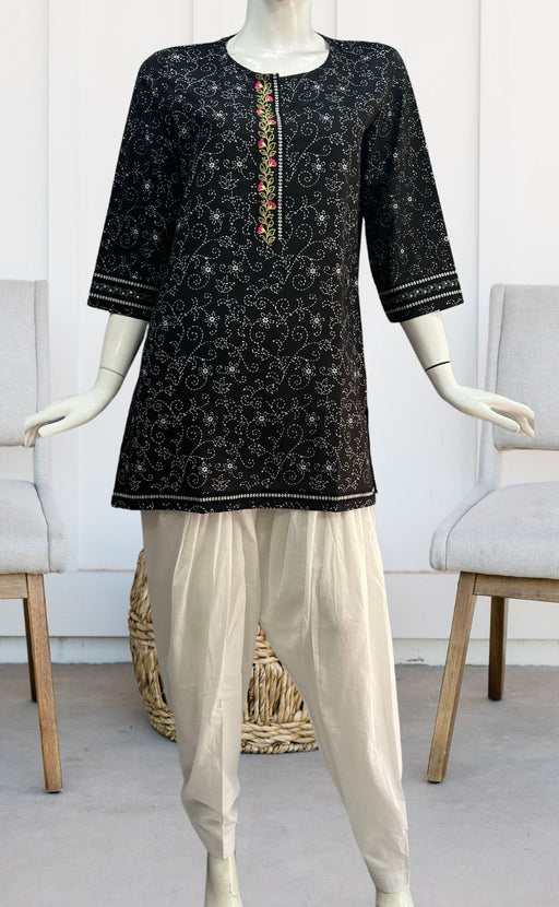 Black Garden Jaipuri Cotton Short Kurti. Pure Versatile Cotton. | Laces and Frills - Laces and Frills