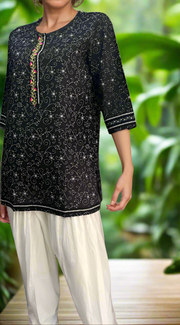 Black Garden Jaipuri Cotton Short Kurti. Pure Versatile Cotton. | Laces and Frills - Laces and Frills