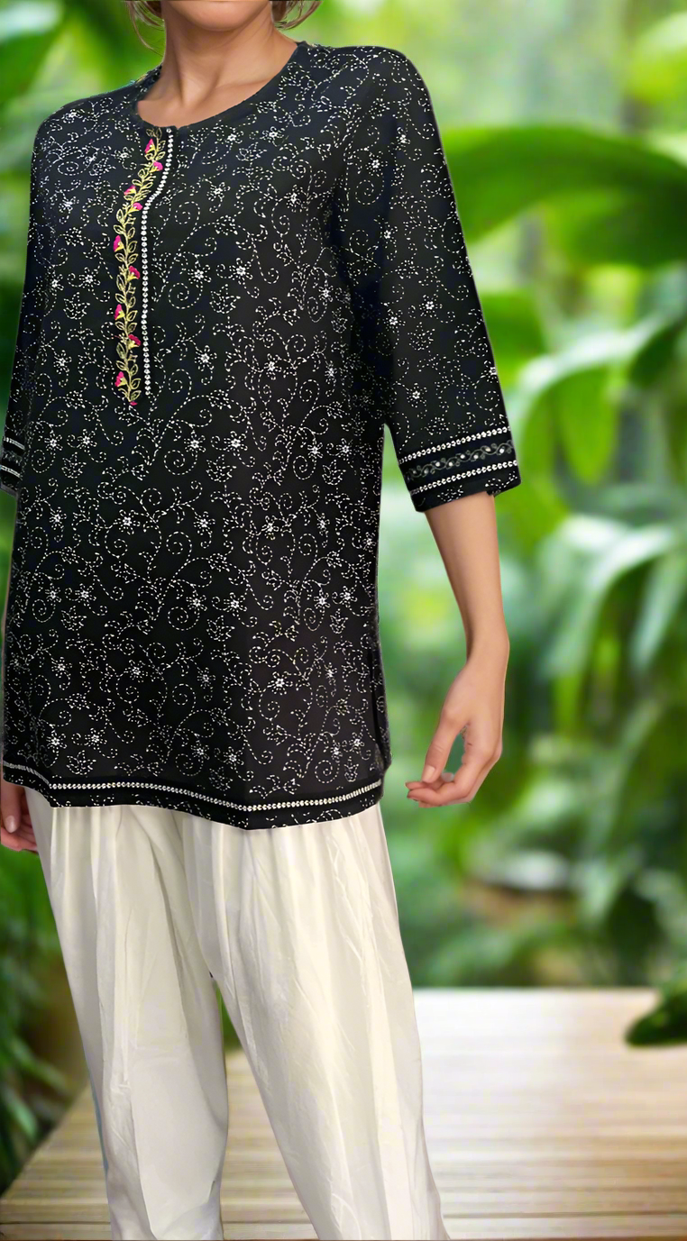 Black Garden Jaipuri Cotton Short Kurti. Pure Versatile Cotton. | Laces and Frills - Laces and Frills