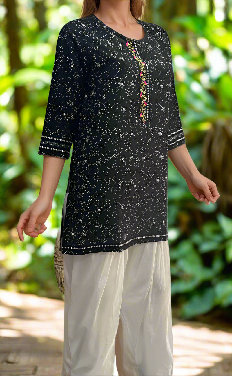 Black Garden Jaipuri Cotton Short Kurti. Pure Versatile Cotton. | Laces and Frills - Laces and Frills