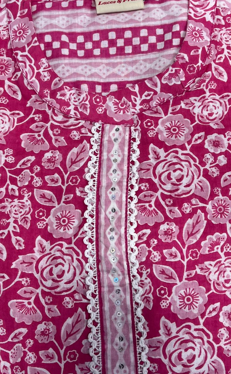 Pink Garden Jaipuri Cotton Short Kurti. Pure Versatile Cotton. | Laces and Frills - Laces and Frills
