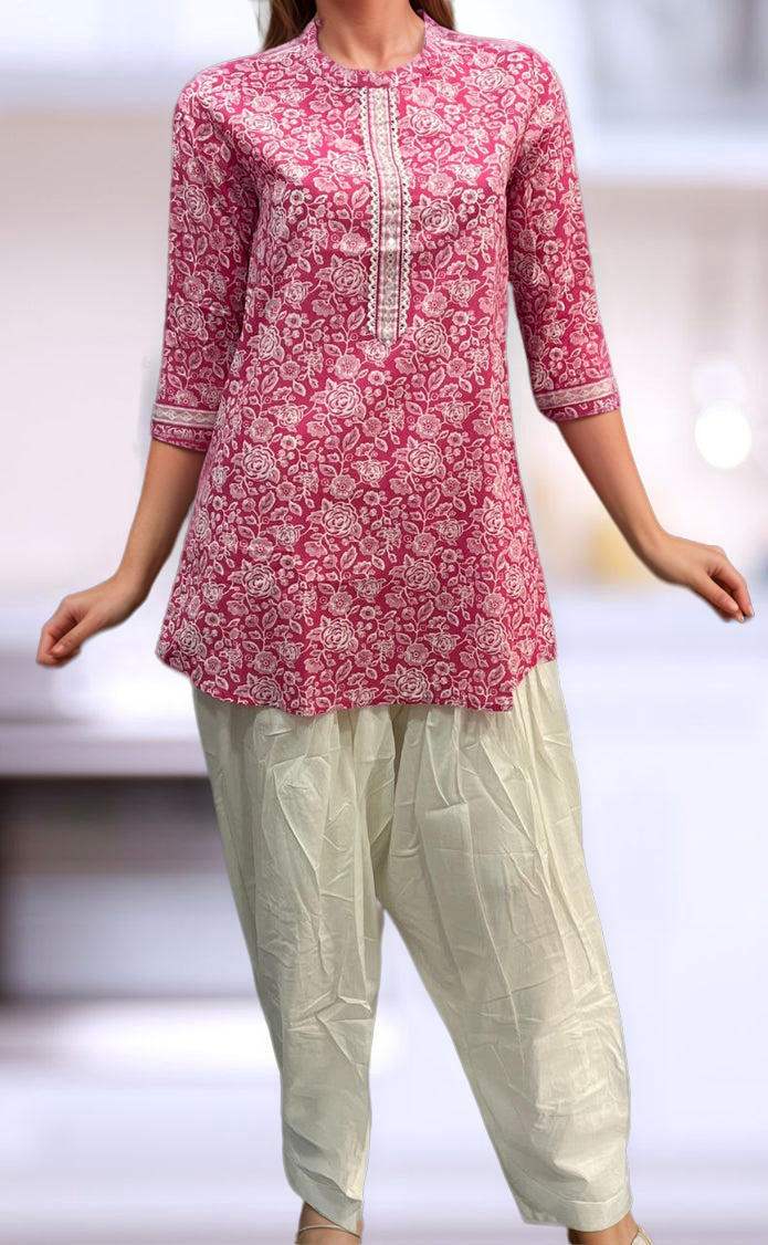 Pink Garden Jaipuri Cotton Short Kurti. Pure Versatile Cotton. | Laces and Frills - Laces and Frills