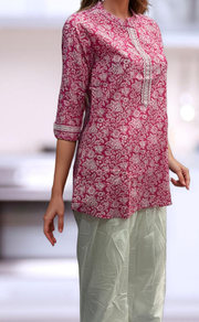 Pink Garden Jaipuri Cotton Short Kurti. Pure Versatile Cotton. | Laces and Frills - Laces and Frills
