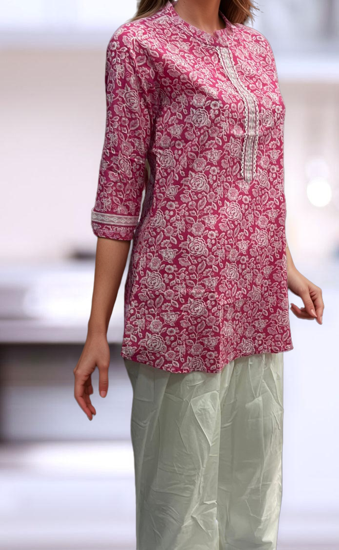 Pink Garden Jaipuri Cotton Short Kurti. Pure Versatile Cotton. | Laces and Frills - Laces and Frills