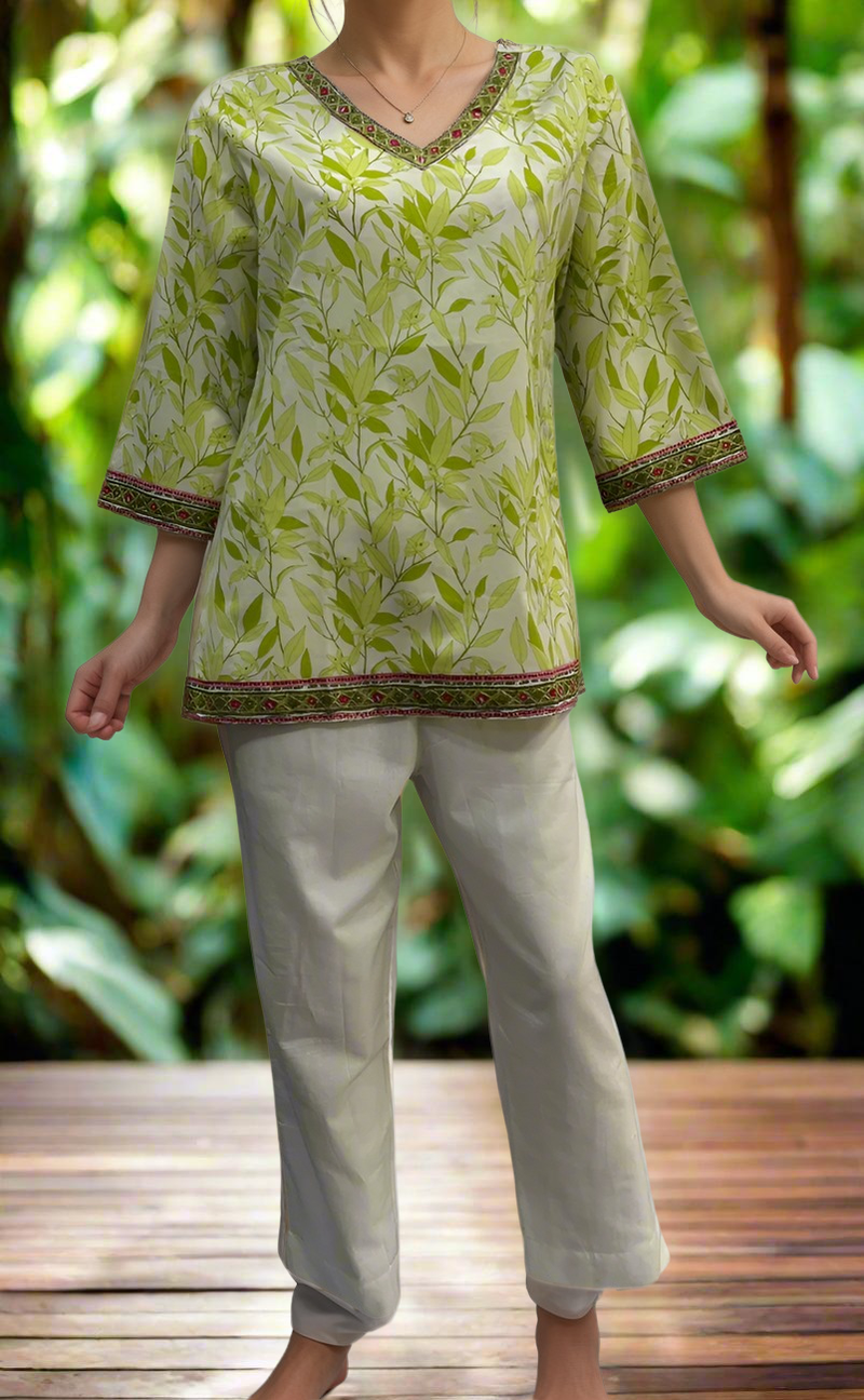 Green Leafy V Neck Cotton Short Kurti. Pure Versatile Cotton. | Laces and Frills - Laces and Frills