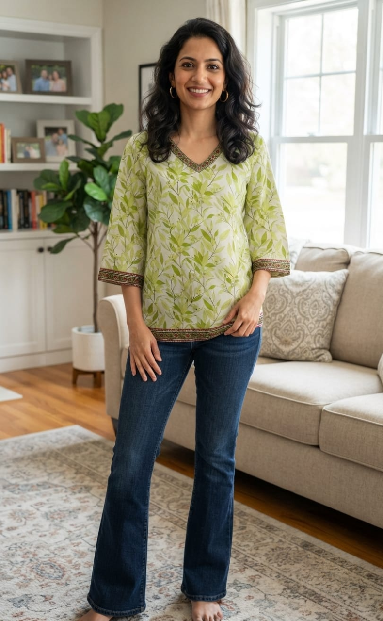 Green Leafy V Neck Cotton Short Kurti. Pure Versatile Cotton. | Laces and Frills