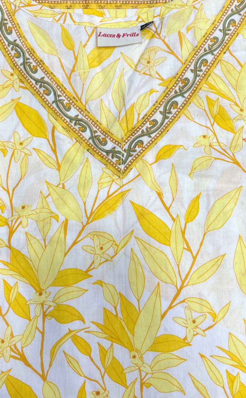 Yellow Leafy V Neck Cotton Short Kurti. Pure Versatile Cotton. | Laces and Frills