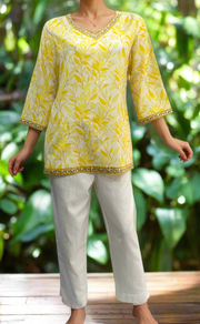 Yellow Leafy V Neck Cotton Short Kurti. Pure Versatile Cotton. | Laces and Frills - Laces and Frills