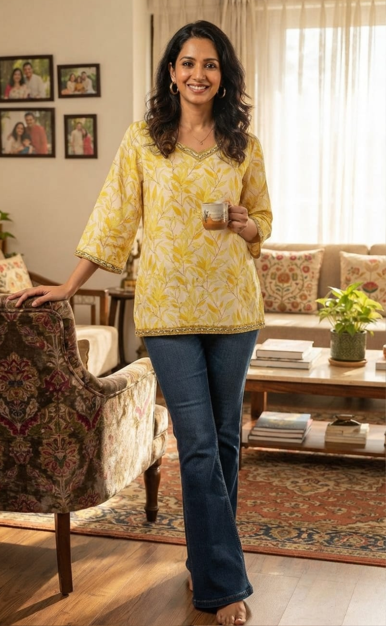 Yellow Leafy V Neck Cotton Short Kurti. Pure Versatile Cotton. | Laces and Frills