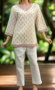 Off White/Pink Flora V Neck Cotton Short Kurti. Pure Versatile Cotton. | Laces and Frills - Laces and Frills