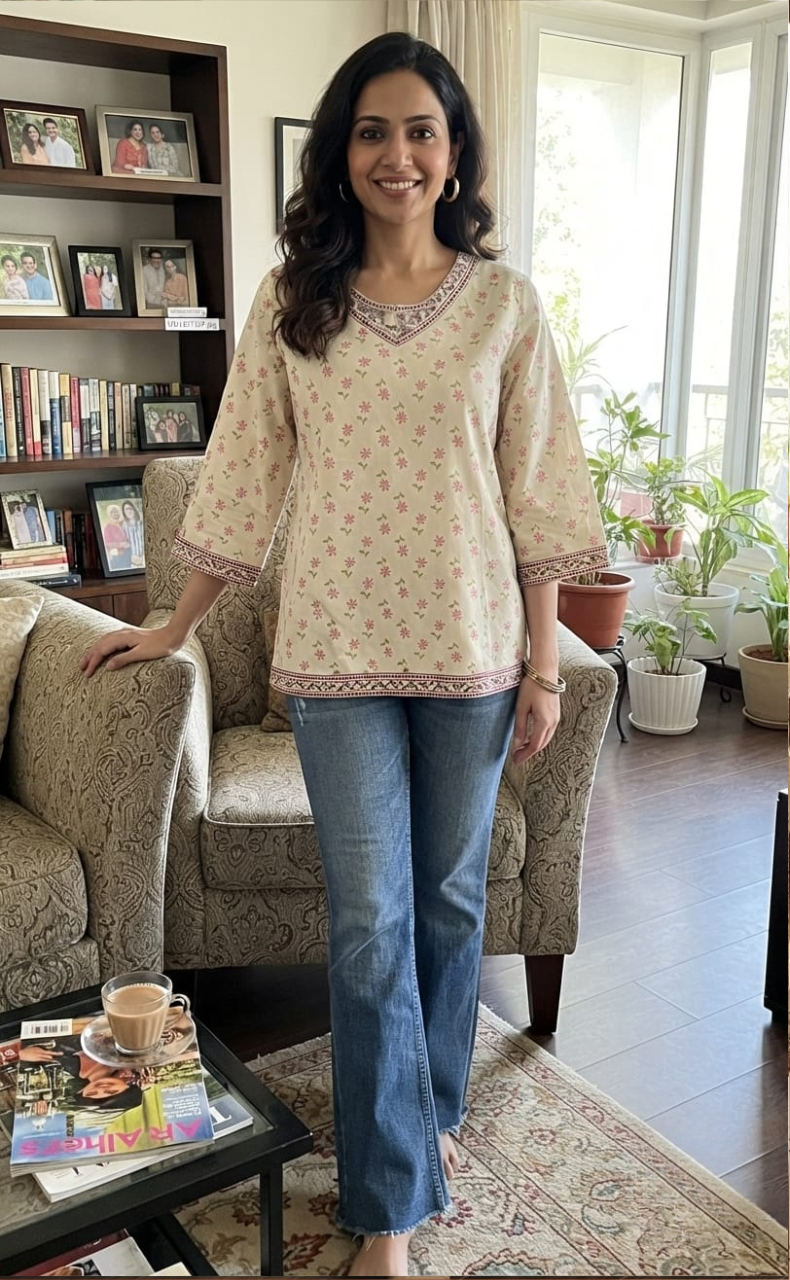 Off White/Pink Flora V Neck Cotton Short Kurti. Pure Versatile Cotton. | Laces and Frills