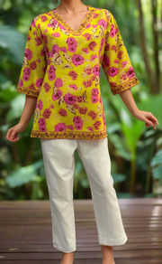 Yellow/Pink Garden V Neck Cotton Short Kurti. Pure Versatile Cotton. | Laces and Frills - Laces and Frills