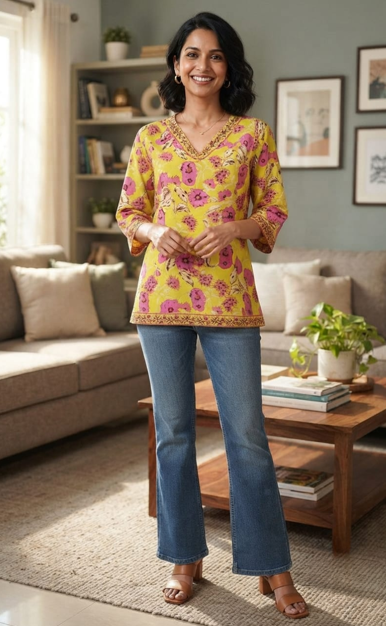 Yellow/Pink Garden V Neck Cotton Short Kurti. Pure Versatile Cotton. | Laces and Frills
