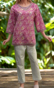 Pink Flora V Neck Cotton Short Kurti. Pure Versatile Cotton. | Laces and Frills - Laces and Frills