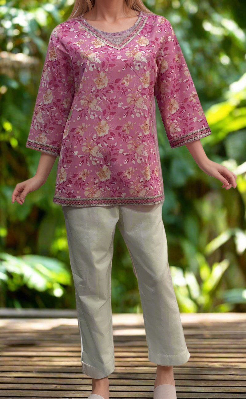 Pink Flora V Neck Cotton Short Kurti. Pure Versatile Cotton. | Laces and Frills - Laces and Frills