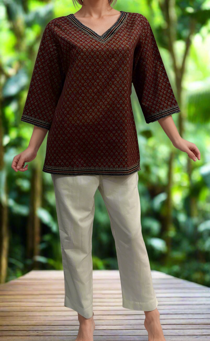 Maroon Buds V Neck Cotton Short Kurti. Pure Versatile Cotton. | Laces and Frills - Laces and Frills