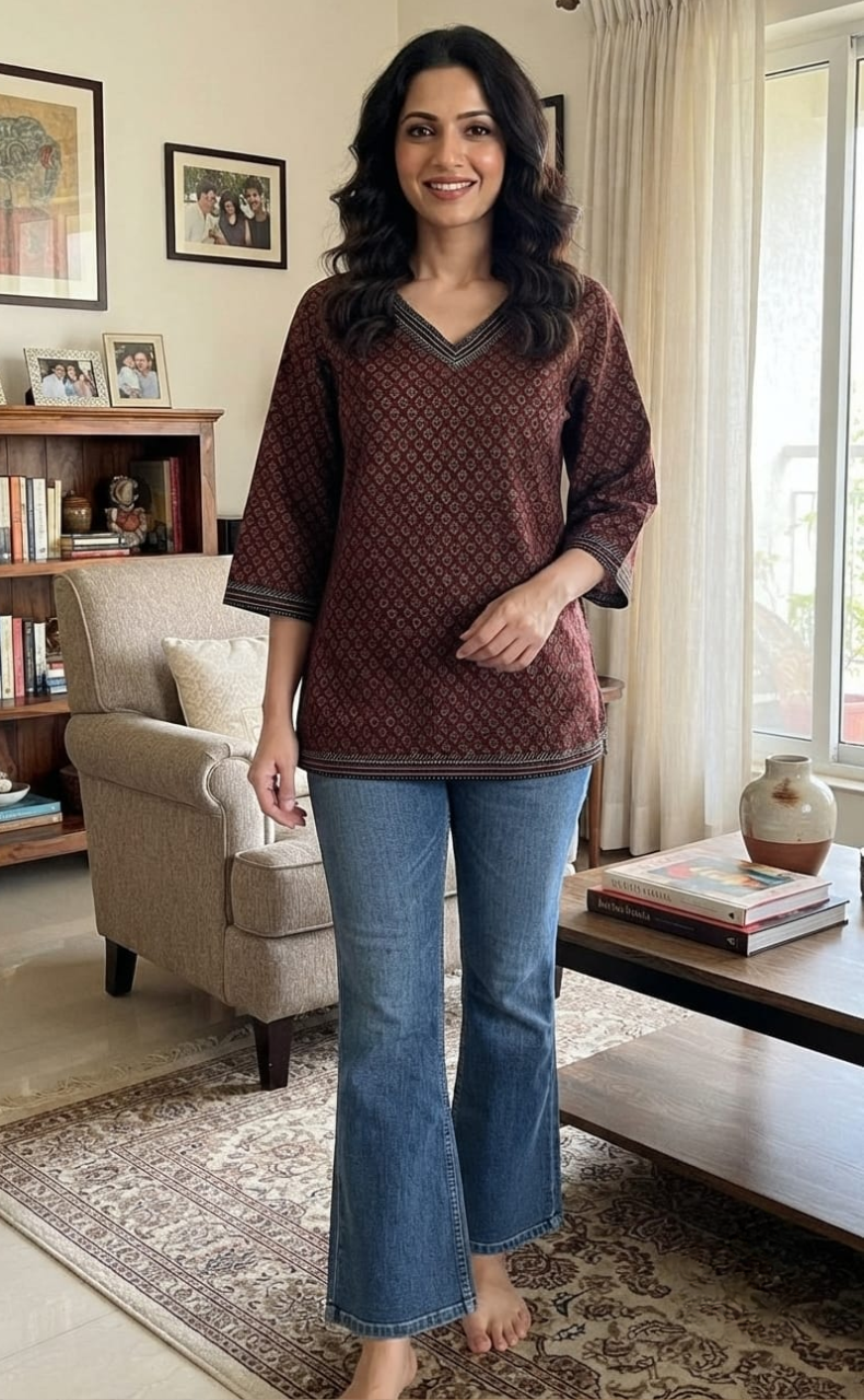 Maroon Buds V Neck Cotton Short Kurti. Pure Versatile Cotton. | Laces and Frills