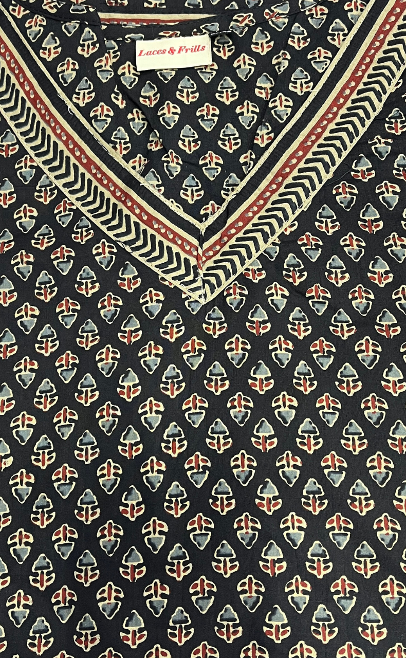 Black Buds V Neck Cotton Short Kurti. Pure Versatile Cotton. | Laces and Frills