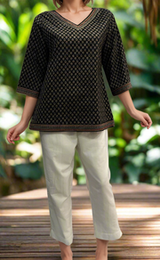 Black Buds V Neck Cotton Short Kurti. Pure Versatile Cotton. | Laces and Frills - Laces and Frills