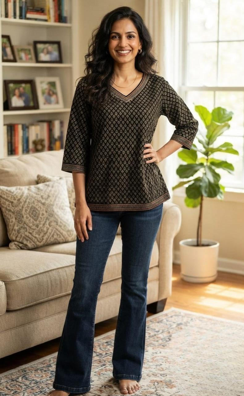 Black Buds V Neck Cotton Short Kurti. Pure Versatile Cotton. | Laces and Frills