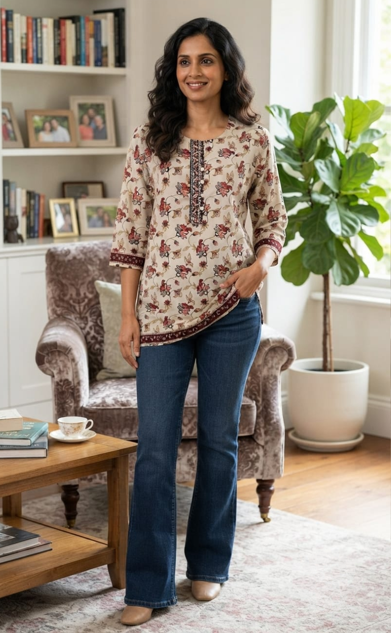 Beige/Maroon Floral Jaipur Cotton Short Kurti. Pure Versatile Cotton. | Laces and Frills