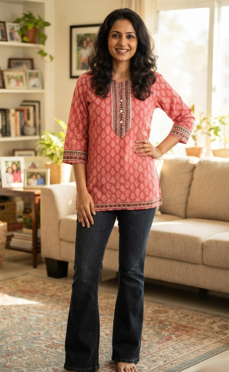 Peach/Pink Manga Motif Jaipur Cotton Short Kurti. Pure Versatile Cotton. | Laces and Frills