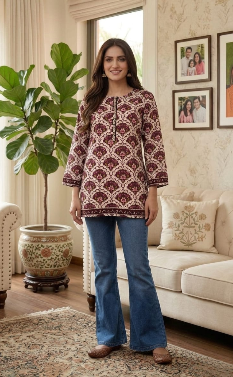 Off White/Maroon Motif Jaipur Cotton Short Kurti. Pure Versatile Cotton. | Laces and Frills