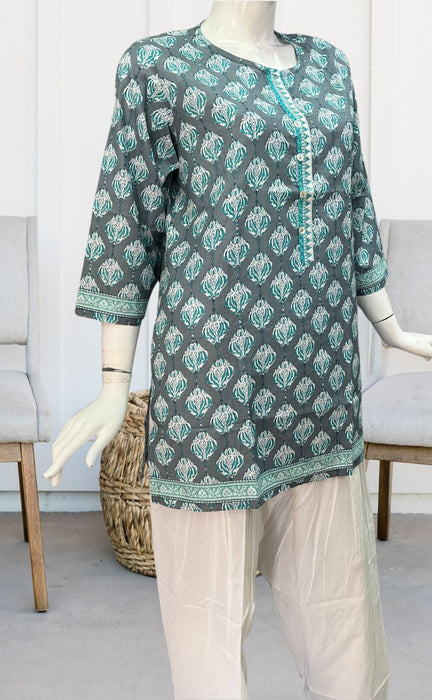 Grey/Sea Green Motif Jaipuri Cotton Short Kurti. Pure Versatile Cotton. | Laces and Frills - Laces and Frills