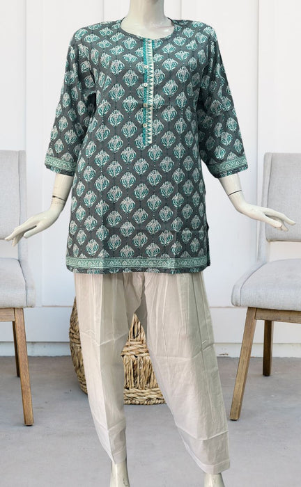 Grey/Sea Green Motif Jaipuri Cotton Short Kurti. Pure Versatile Cotton. | Laces and Frills