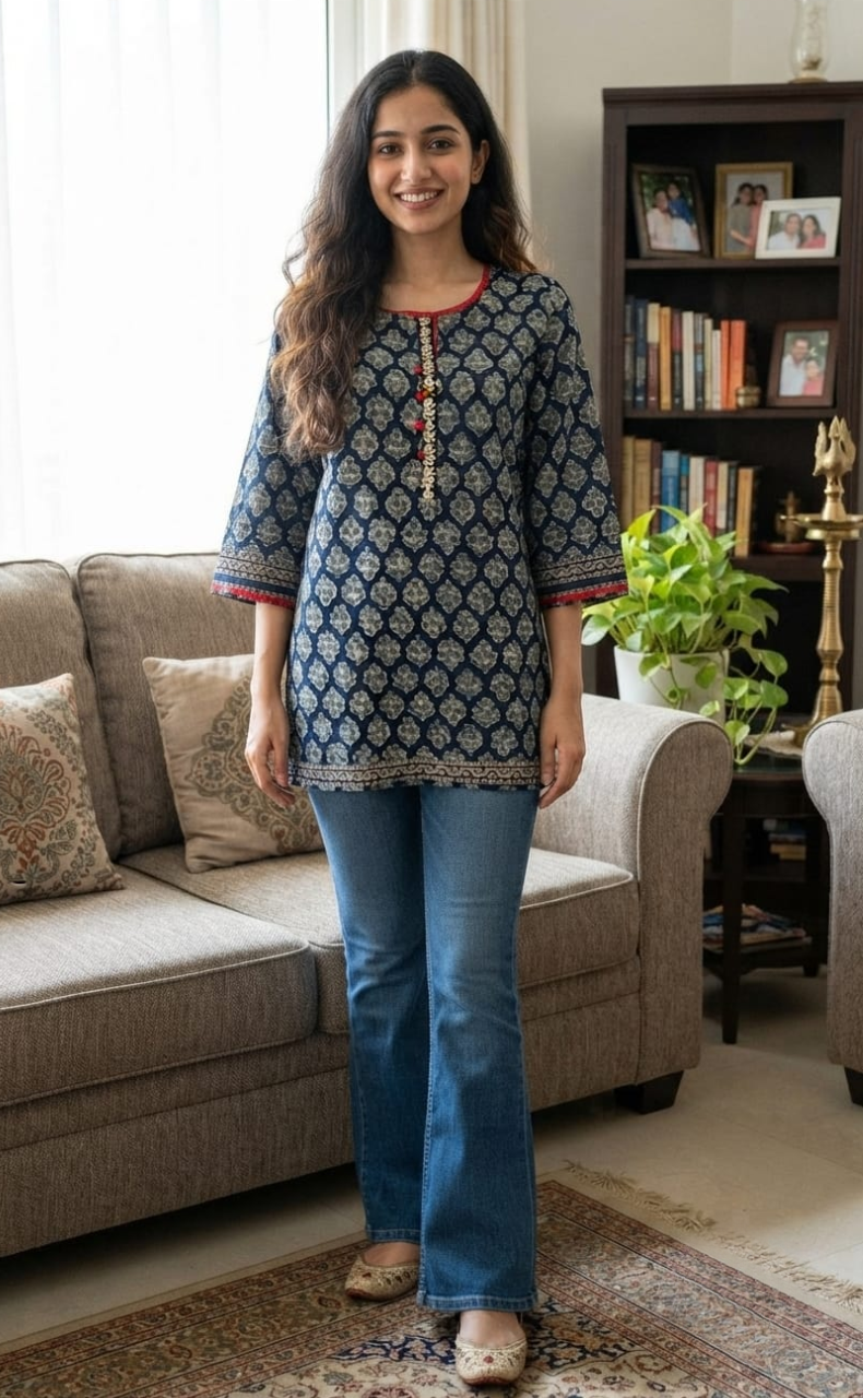 Blue Floral Jaipur Cotton Short Kurti. Pure Versatile Cotton. | Laces and Frills