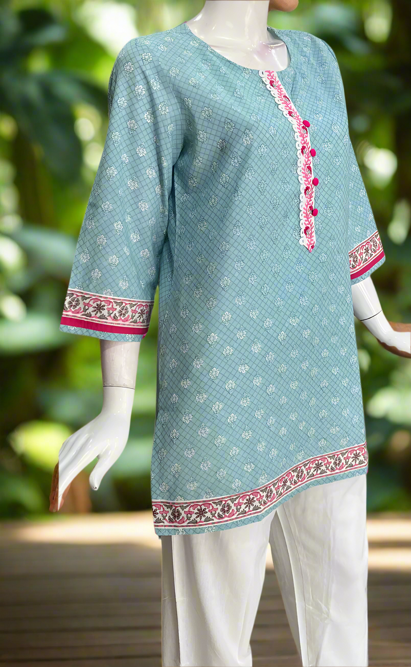 Light Sea Green Tiny Flora Jaipur Cotton Short Kurti. Pure Versatile Cotton. | Laces and Frills