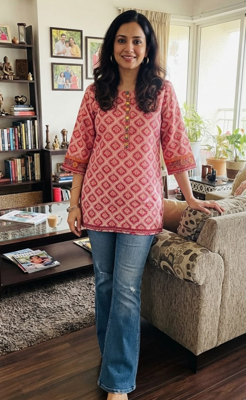 Pink Motif Jaipur Cotton Short Kurti. Pure Versatile Cotton. | Laces and Frills