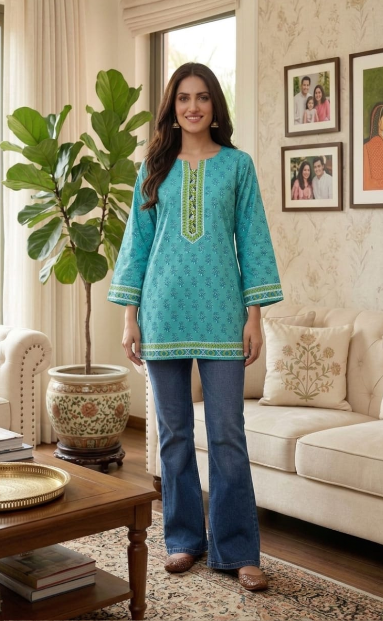 Sea Green Flora Jaipur Cotton Short Kurti. Pure Versatile Cotton. | Laces and Frills