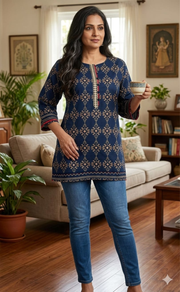 Navy Blue Motif Jaipur Cotton Short Kurti. Pure Versatile Cotton. | Laces and Frills - Laces and Frills
