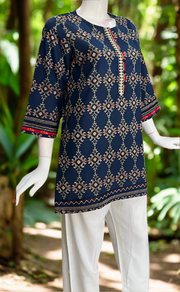 Navy Blue Motif Jaipur Cotton Short Kurti. Pure Versatile Cotton. | Laces and Frills